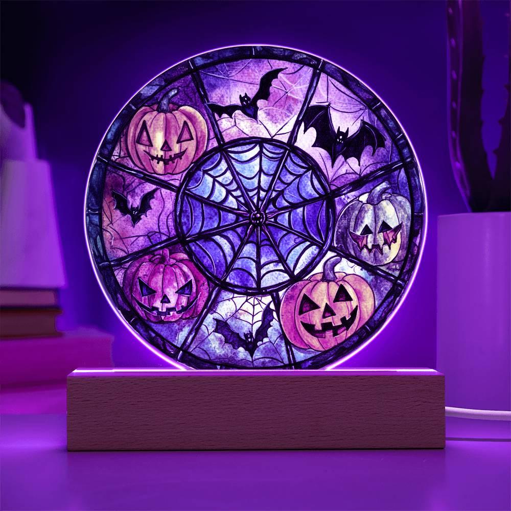 Spooky Halloween Decor Round Acrylic Plaque with Lighted LED Wooden Base - Mallard Moon Gift Shop