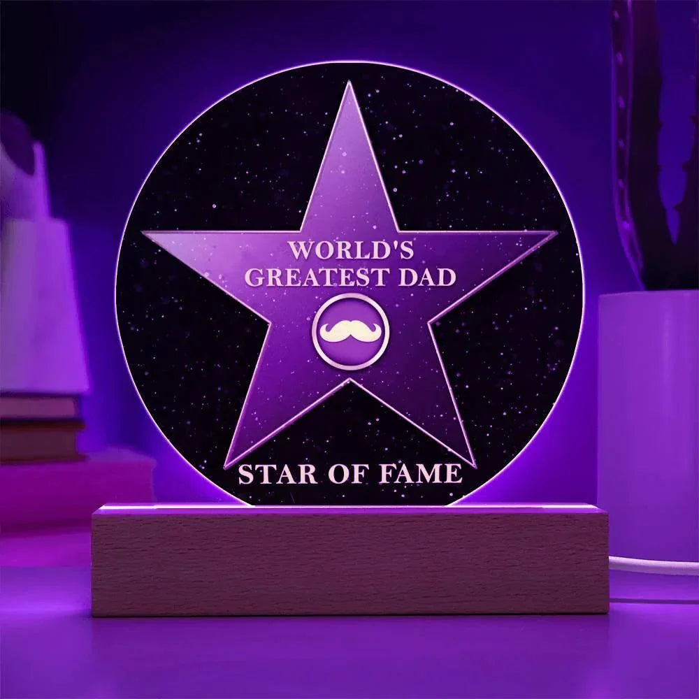 World’s Greatest Dad “Star of Fame” Round Acrylic LED Plaque – Hollywood-Inspired Gift for Father’s Day or Birthday