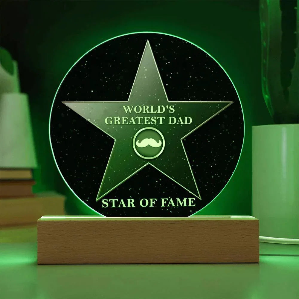 World’s Greatest Dad “Star of Fame” Round Acrylic LED Plaque – Hollywood-Inspired Gift for Father’s Day or Birthday