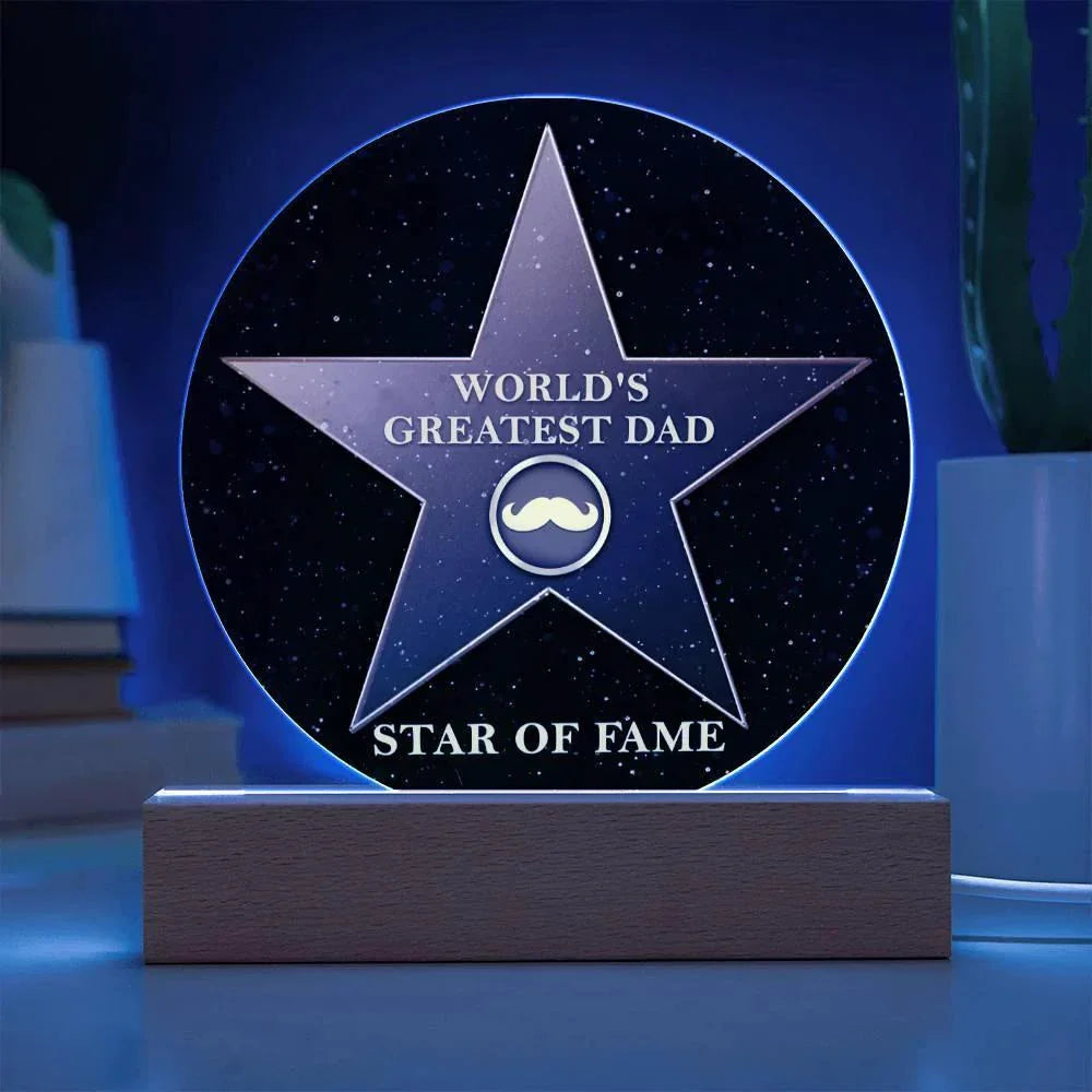 World’s Greatest Dad “Star of Fame” Round Acrylic LED Plaque – Hollywood-Inspired Gift for Father’s Day or Birthday