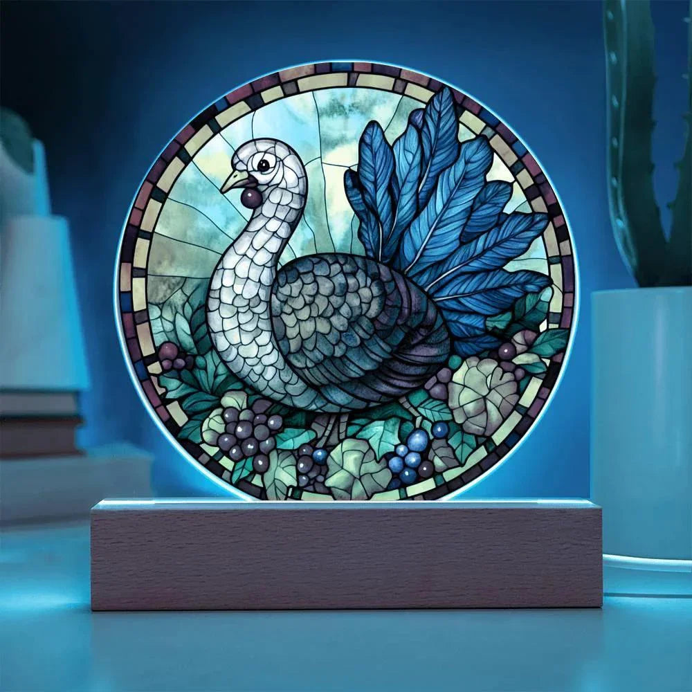 Turkey Stained-glass Round Acrylic Plaque - LED Lighted Wooden Base