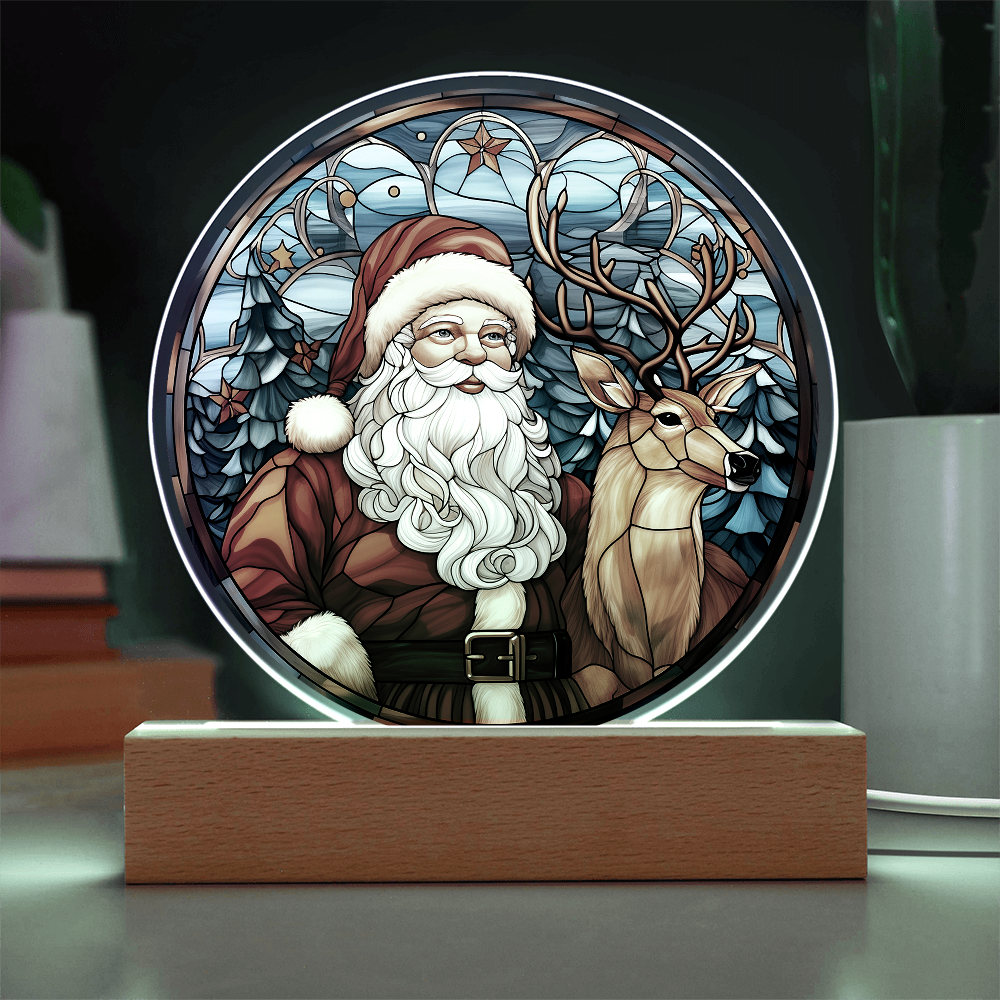 Santa and Reindeer Stained Glass Acrylic Plaque – Round LED Light Christmas Décor | Festive Holiday Gift Keepsake