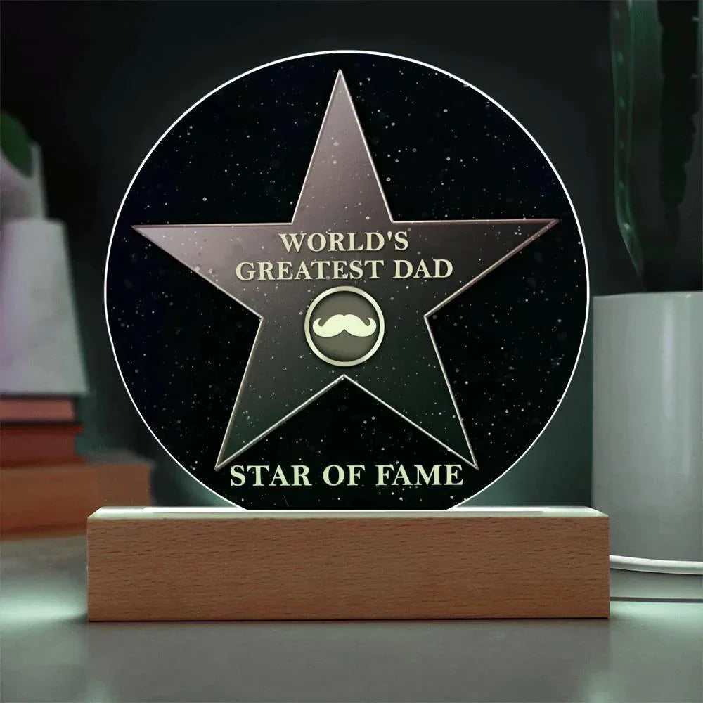 World’s Greatest Dad “Star of Fame” Round Acrylic LED Plaque – Hollywood-Inspired Gift for Father’s Day or Birthday
