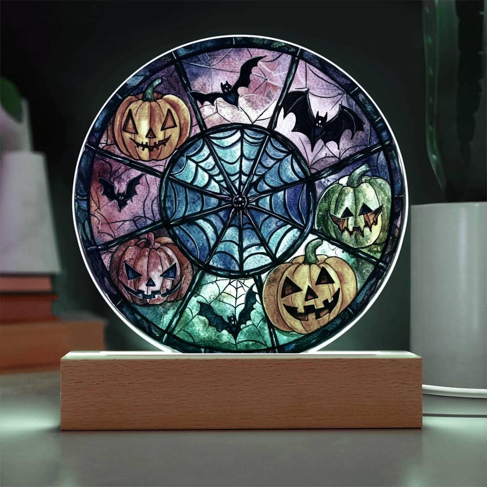 Spooky Halloween Decor Round Acrylic Plaque with Lighted LED Wooden Base - Mallard Moon Gift Shop