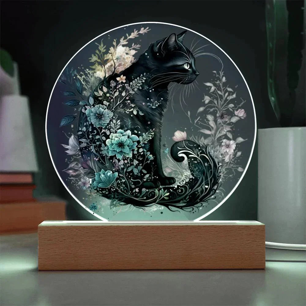 Hallow's Eve Feline: Enchanting Acrylic Plaque Halloween Black Cat Table-top Lighted Decor