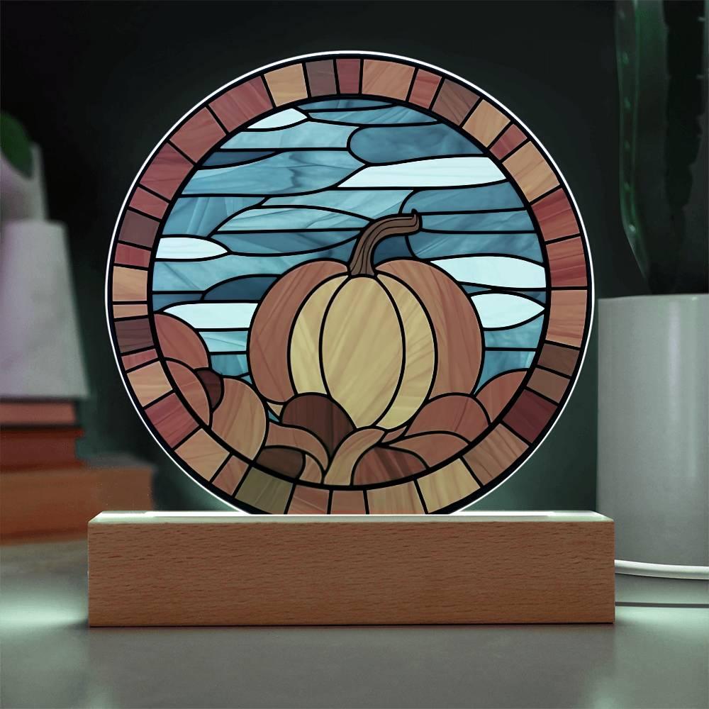 Pumpkin Stained-Glass Fall, Halloween, or Thanksgiving Home Decor Round Acrylic Plaque with Lighted LED Wooden Base - Mallard Moon Gift Shop