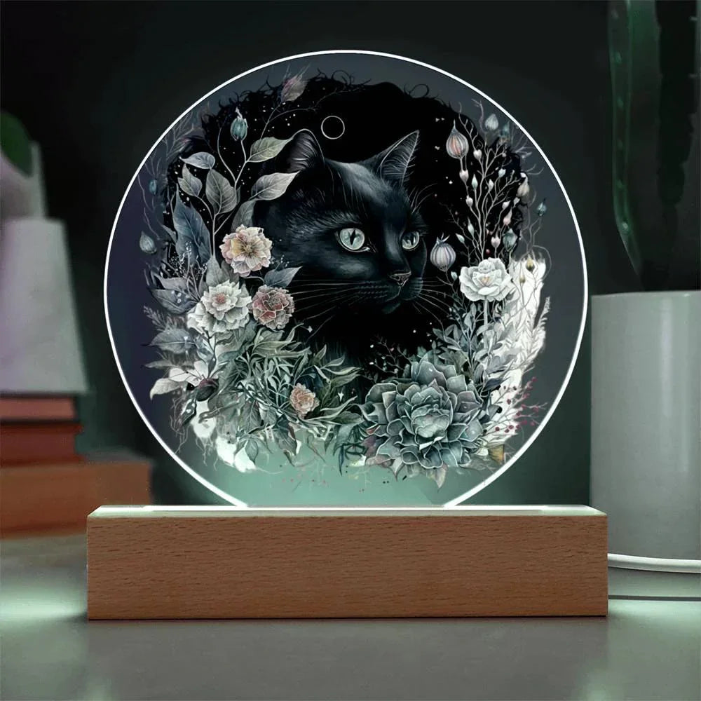 Moonlit Mystery: Black Cat Acrylic Plaque Showcase