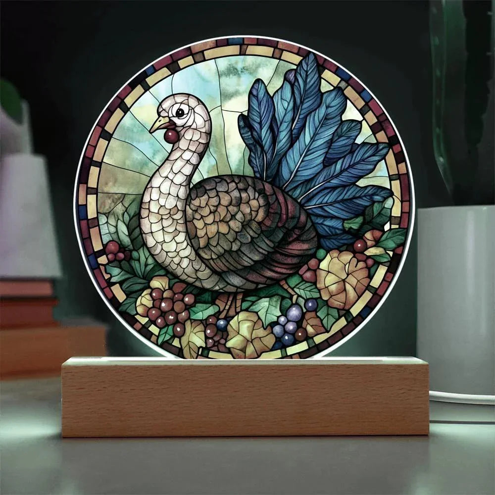 Turkey Stained-glass Round Acrylic Plaque - LED Lighted Wooden Base