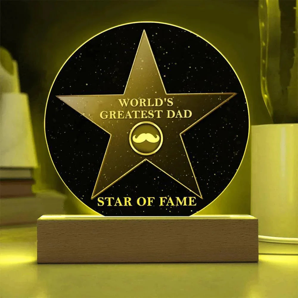 World’s Greatest Dad “Star of Fame” Round Acrylic LED Plaque – Hollywood-Inspired Gift for Father’s Day or Birthday