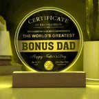 World’s Greatest Bonus Dad Round Acrylic LED Plaque – Personalized Certificate Gift from Bonus Child | Father's Day Edition