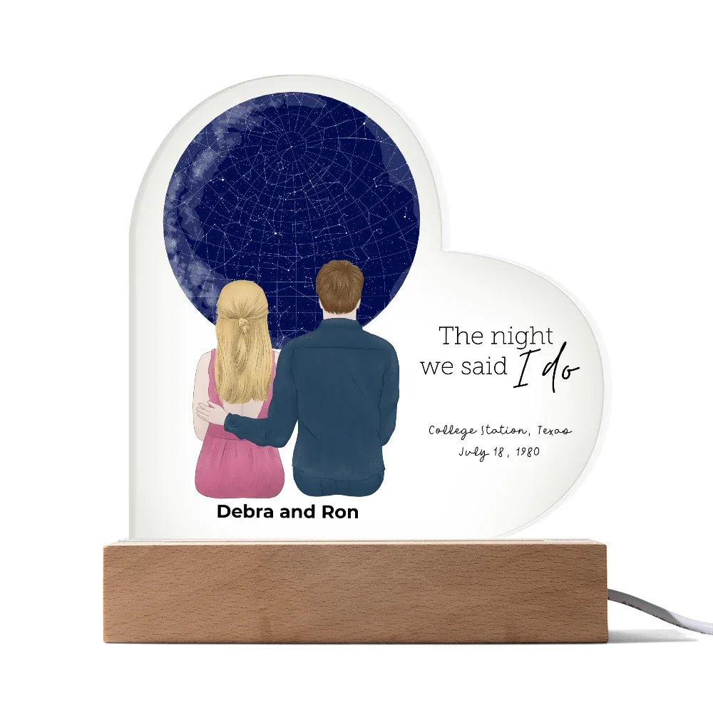 Personalized Heart-Shaped Star Map LED Acrylic Plaque with Custom Couple Illustration - Celebrate Your Special Night