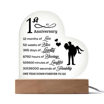First Anniversary Heart Shaped Acrylic Plaque with LED Lighted Base - Mallard Moon Gift Shop