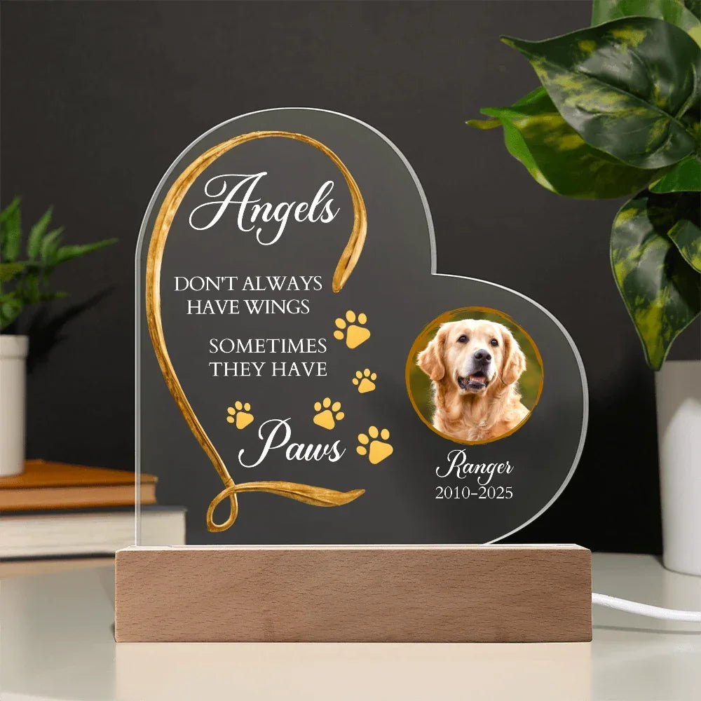 Personalized Pet Memorial Heart-Shaped Acrylic Plaque – “Angels Don't Always Have Wings” – Custom Photo, Name & Dates – Dog or Cat Loss Remembrance Gift with LED Light Base