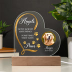 Personalized Pet Memorial Heart-Shaped Acrylic Plaque – “Angels Don't Always Have Wings” – Custom Photo, Name & Dates – Dog or Cat Loss Remembrance Gift with LED Light Base