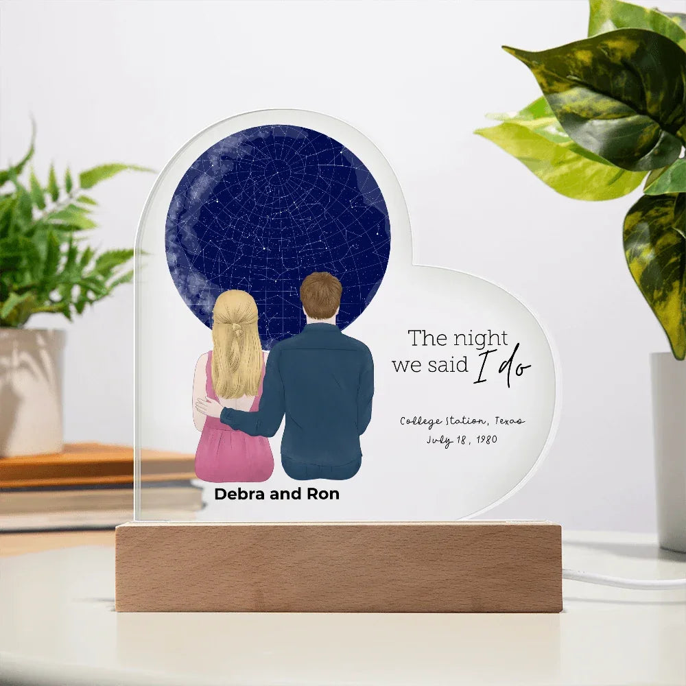 Personalized Heart-Shaped Star Map LED Acrylic Plaque with Custom Couple Illustration - Celebrate Your Special Night