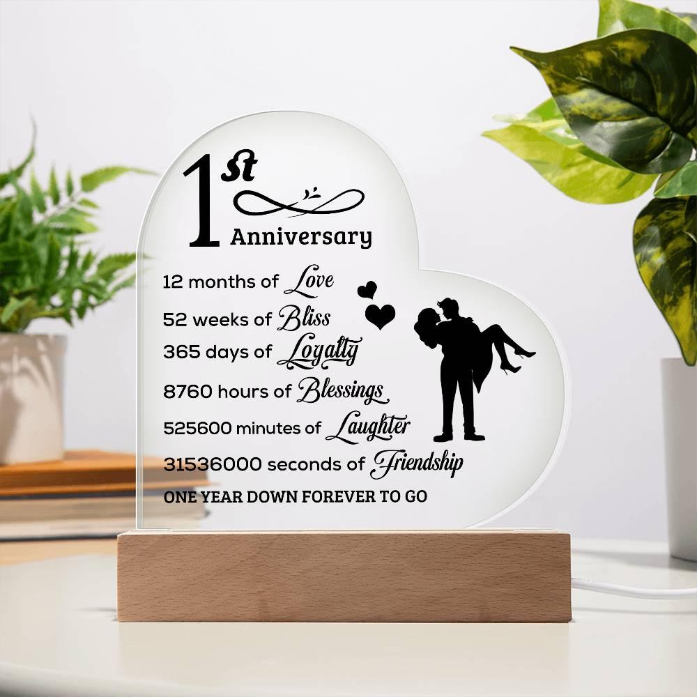 First Anniversary Heart Shaped Acrylic Plaque with LED Lighted Base - Mallard Moon Gift Shop