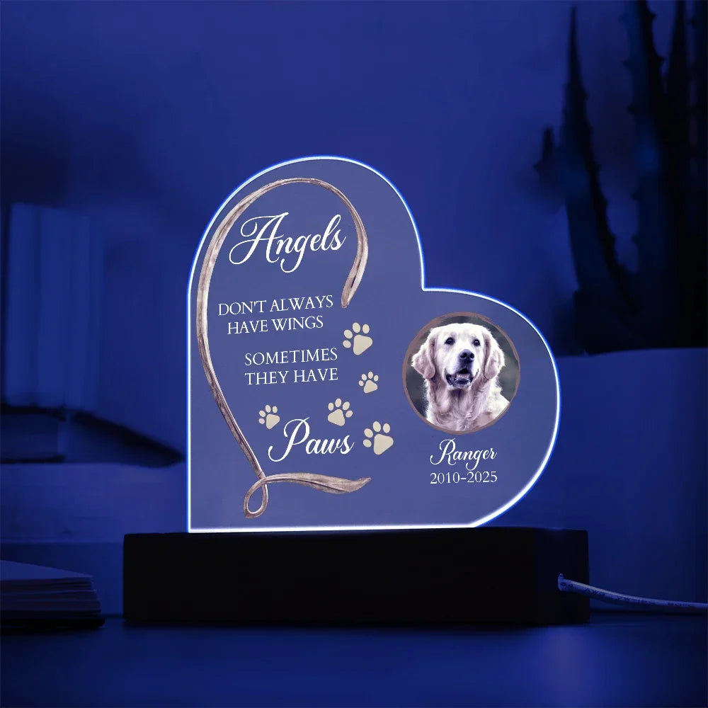 Personalized Pet Memorial Heart-Shaped Acrylic Plaque – “Angels Don't Always Have Wings” – Custom Photo, Name & Dates – Dog or Cat Loss Remembrance Gift with LED Light Base