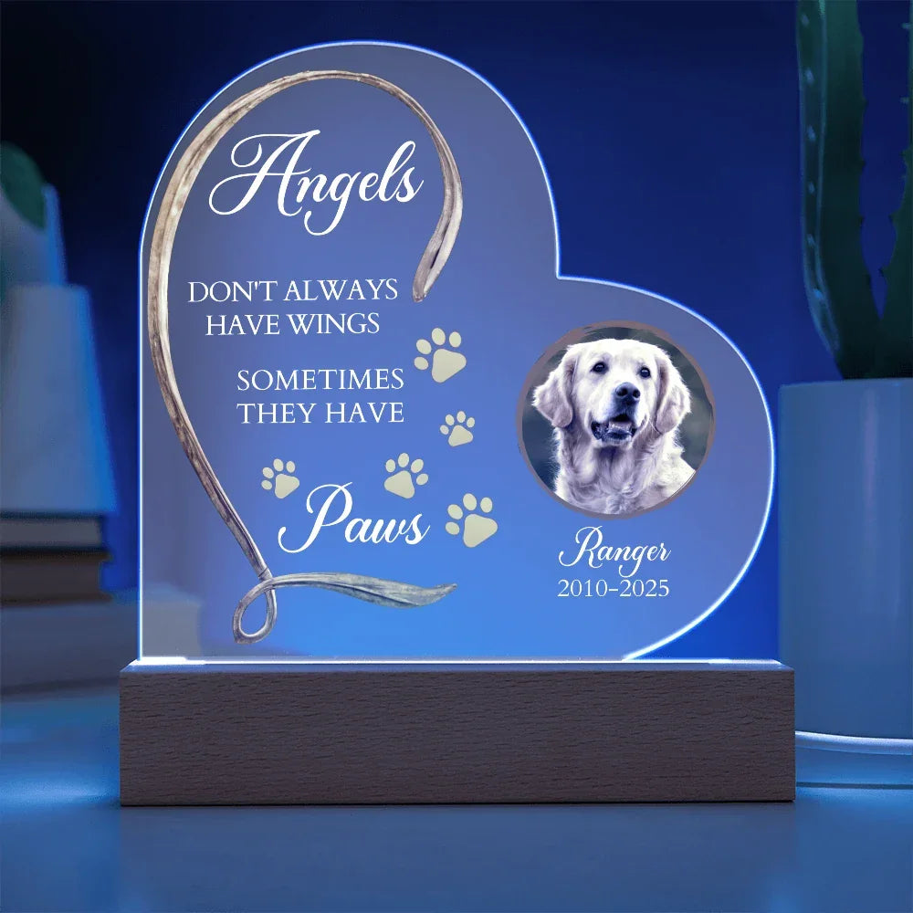 Personalized Pet Memorial Heart-Shaped Acrylic Plaque – “Angels Don't Always Have Wings” – Custom Photo, Name & Dates – Dog or Cat Loss Remembrance Gift with LED Light Base