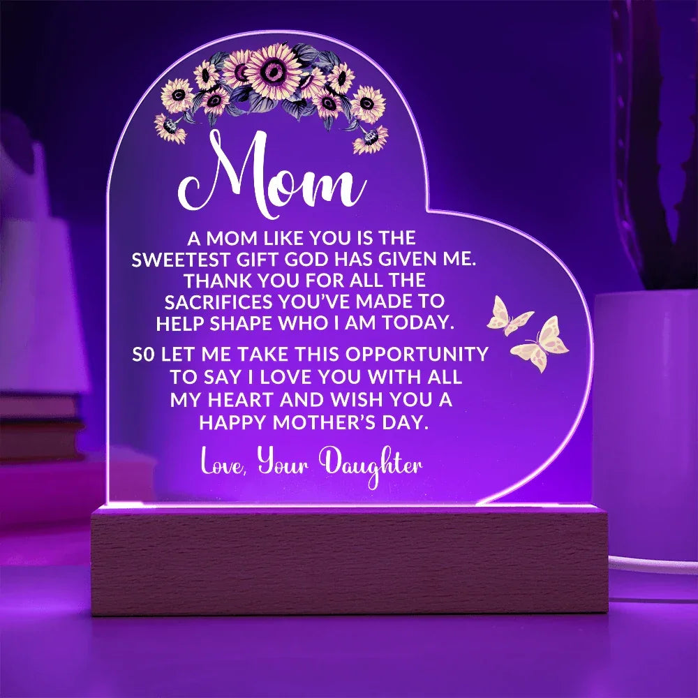 To My Mom – Heart-Shaped Sunflower Acrylic Plaque from Daughter | A Sweet Gift from God