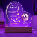 Personalized Pet Memorial Heart-Shaped Acrylic Plaque – “Angels Don't Always Have Wings” – Custom Photo, Name & Dates – Dog or Cat Loss Remembrance Gift with LED Light Base