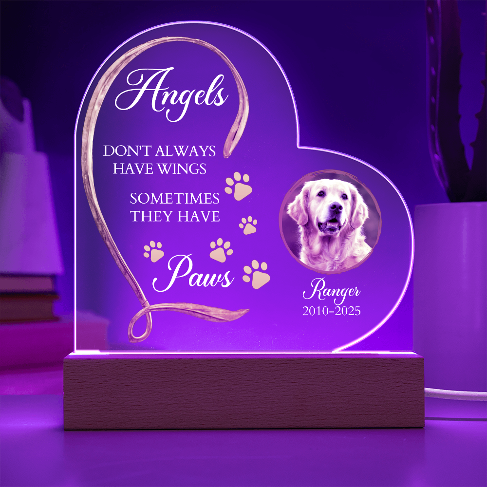 Personalized Pet Memorial Heart-Shaped Acrylic Plaque – “Angels Don't Always Have Wings” – Custom Photo, Name & Dates – Dog or Cat Loss Remembrance Gift with LED Light Base - Mallard Moon Gift Shop