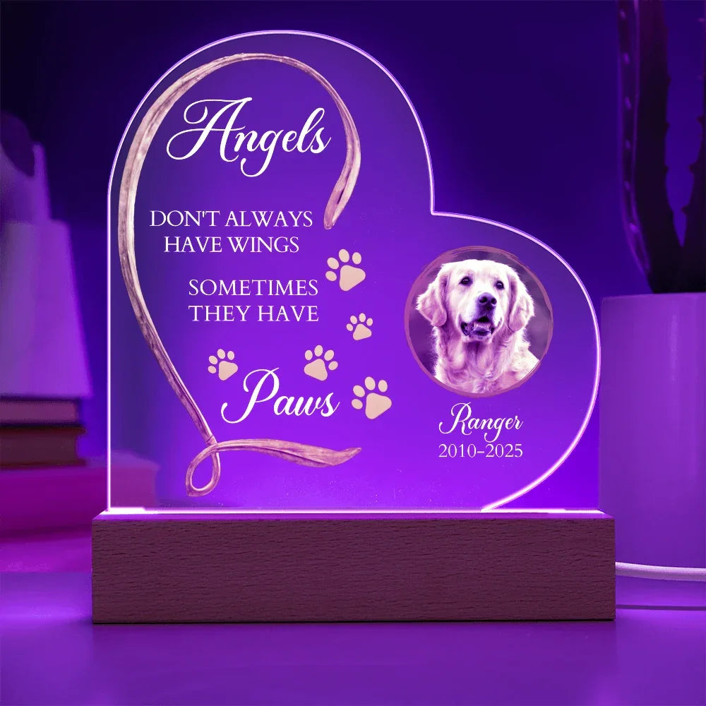 Personalized Pet Memorial Heart-Shaped Acrylic Plaque – “Angels Don't Always Have Wings” – Custom Photo, Name & Dates – Dog or Cat Loss Remembrance Gift with LED Light Base