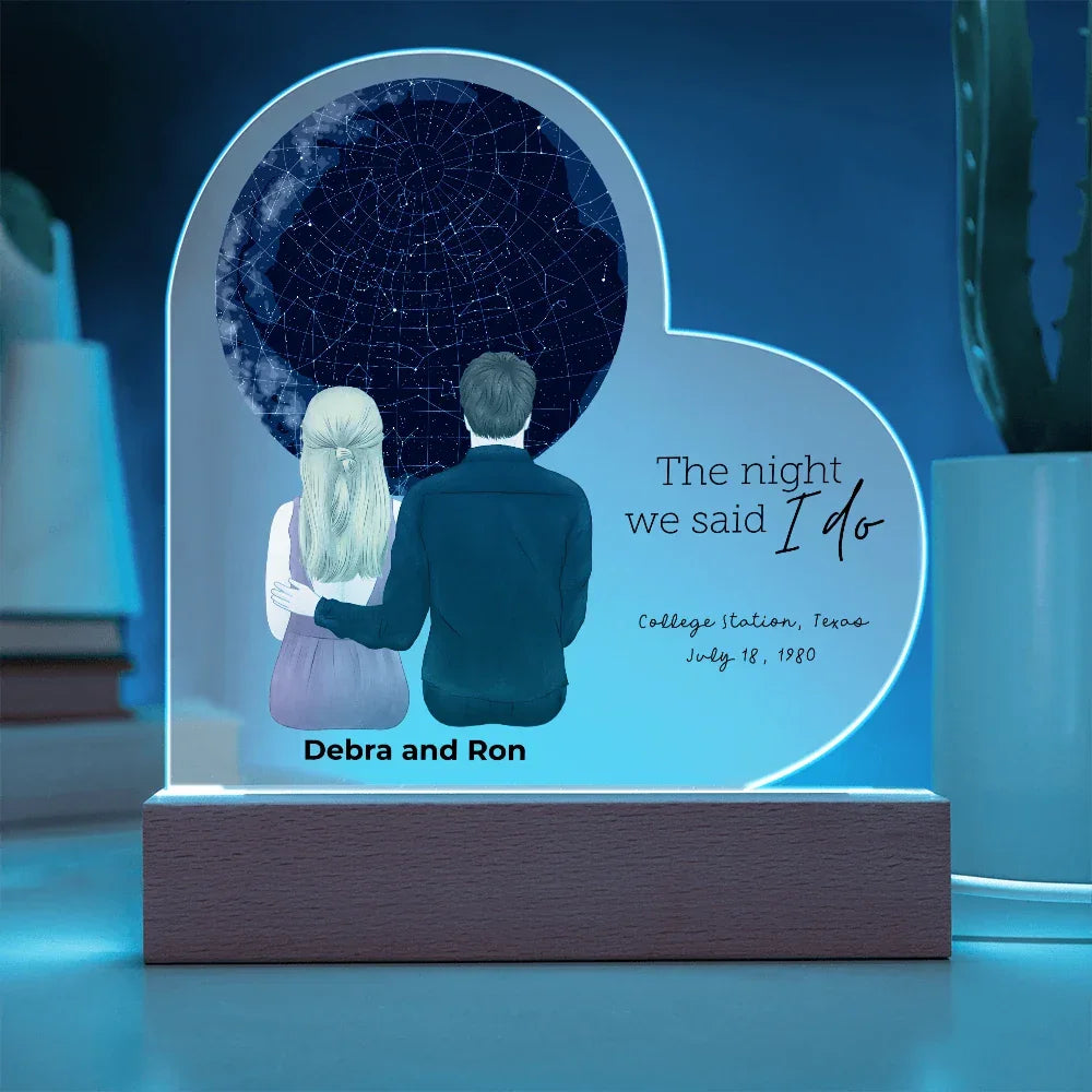 Personalized Heart-Shaped Star Map LED Acrylic Plaque with Custom Couple Illustration - Celebrate Your Special Night
