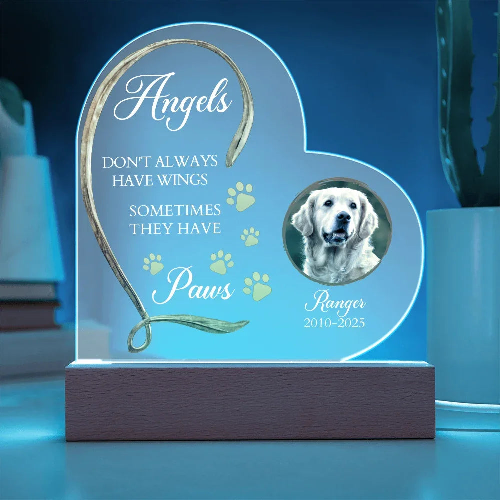 Personalized Pet Memorial Heart-Shaped Acrylic Plaque – “Angels Don't Always Have Wings” – Custom Photo, Name & Dates – Dog or Cat Loss Remembrance Gift with LED Light Base
