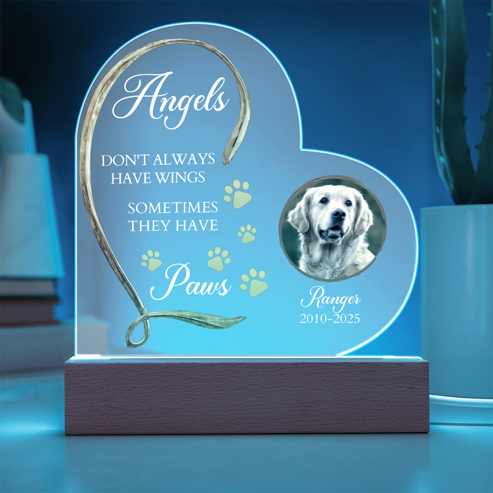 Personalized Pet Memorial Heart-Shaped Acrylic Plaque – “Angels Don't Always Have Wings” – Custom Photo, Name & Dates – Dog or Cat Loss Remembrance Gift with LED Light Base - Mallard Moon Gift Shop