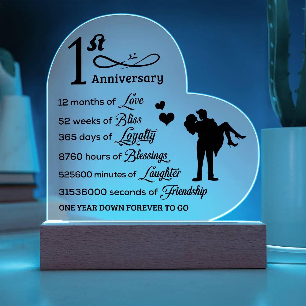 First Anniversary Heart Shaped Acrylic Plaque with LED Lighted Base - Mallard Moon Gift Shop