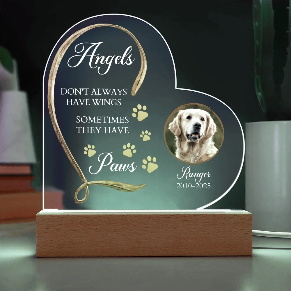 Personalized Pet Memorial Heart-Shaped Acrylic Plaque – “Angels Don't Always Have Wings” – Custom Photo, Name & Dates – Dog or Cat Loss Remembrance Gift with LED Light Base