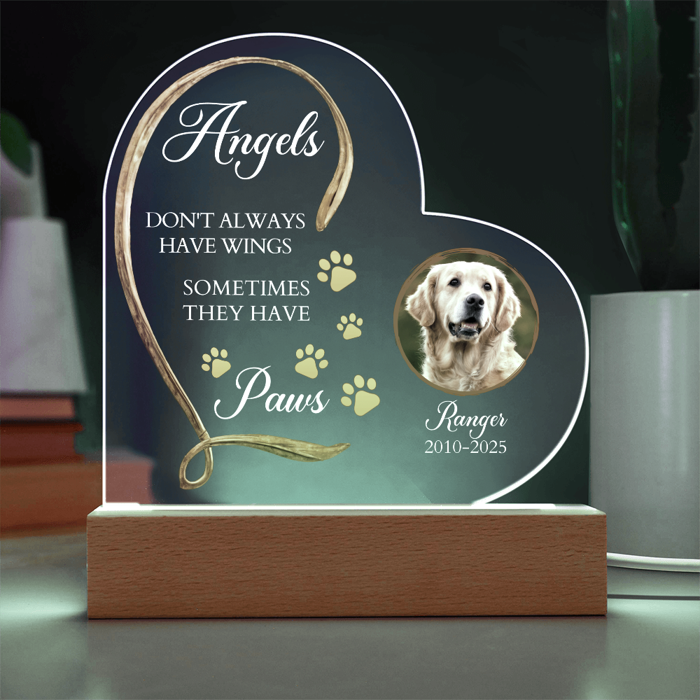 Personalized Pet Memorial Heart-Shaped Acrylic Plaque – “Angels Don't Always Have Wings” – Custom Photo, Name & Dates – Dog or Cat Loss Remembrance Gift with LED Light Base - Mallard Moon Gift Shop