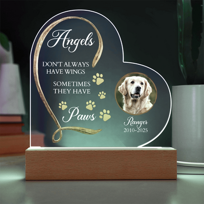 Personalized Pet Memorial Heart-Shaped Acrylic Plaque – “Angels Don't Always Have Wings” – Custom Photo, Name & Dates – Dog or Cat Loss Remembrance Gift with LED Light Base - Mallard Moon Gift Shop