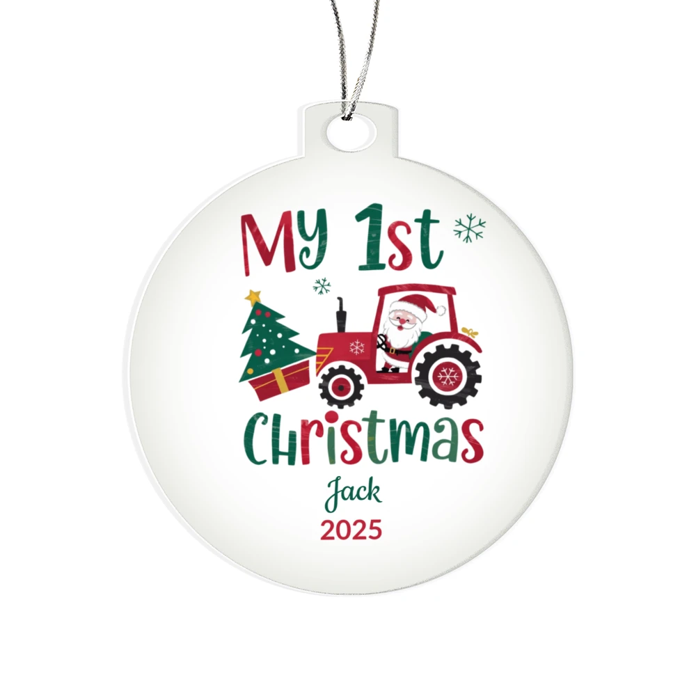 Personalized My 1st Christmas Acrylic Ornament with Name and Year – Santa Tractor Baby's First Christmas Keepsake Gift