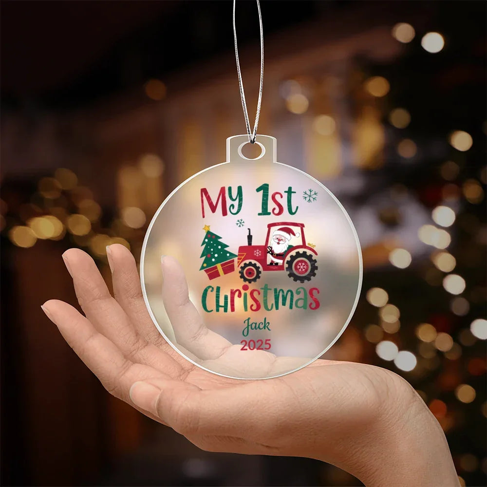 Personalized My 1st Christmas Acrylic Ornament with Name and Year – Santa Tractor Baby's First Christmas Keepsake Gift