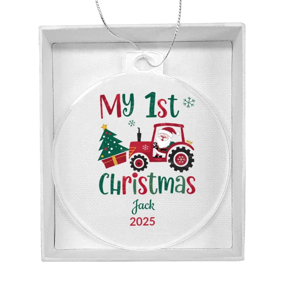 Personalized My 1st Christmas Acrylic Ornament with Name and Year – Santa Tractor Baby's First Christmas Keepsake Gift