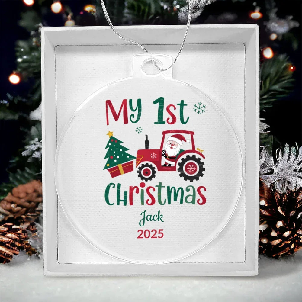 Personalized My 1st Christmas Acrylic Ornament with Name and Year – Santa Tractor Baby's First Christmas Keepsake Gift