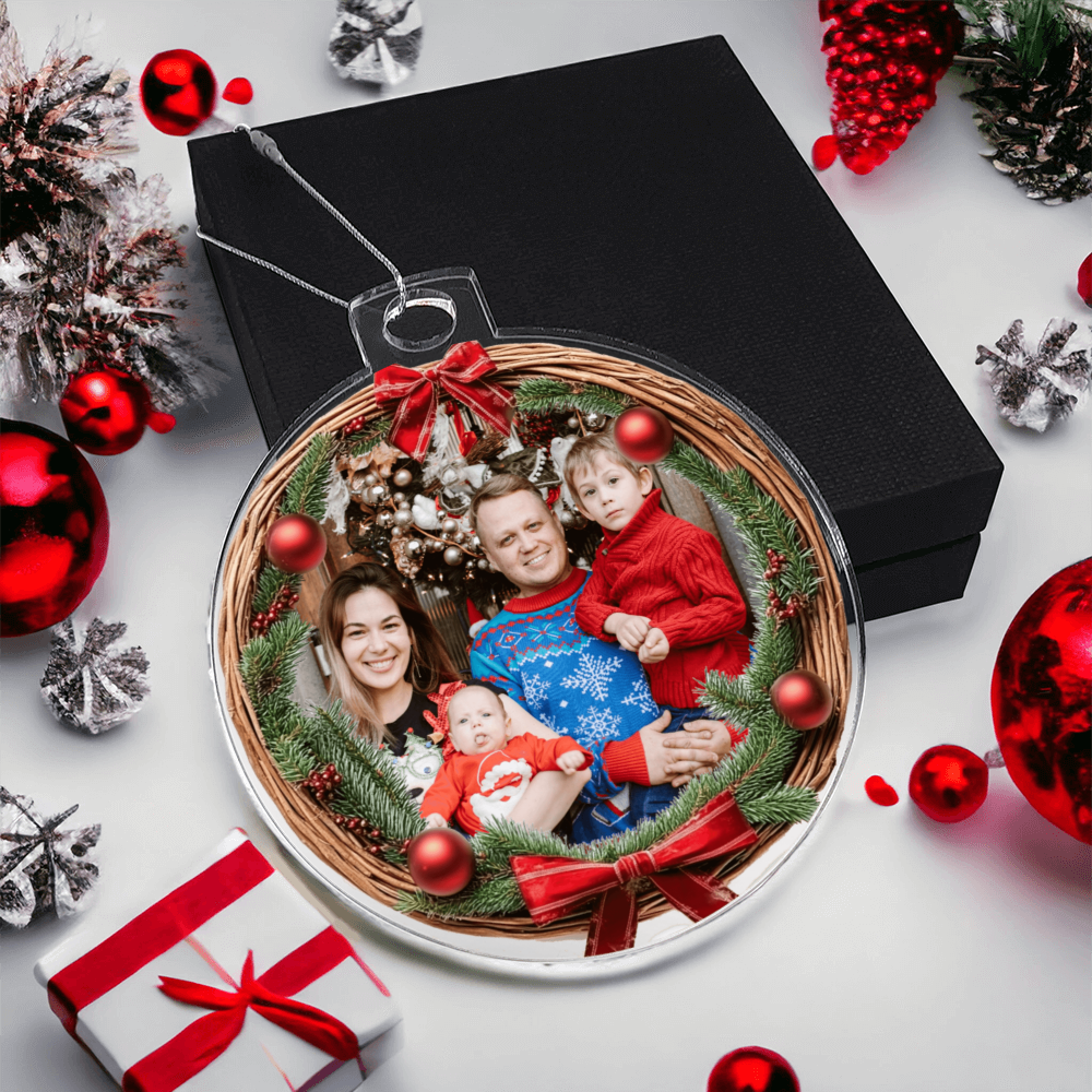 Custom Photo Christmas Ornament with Wreath Frame – Personalized Acrylic Holiday Keepsake with Your Photo