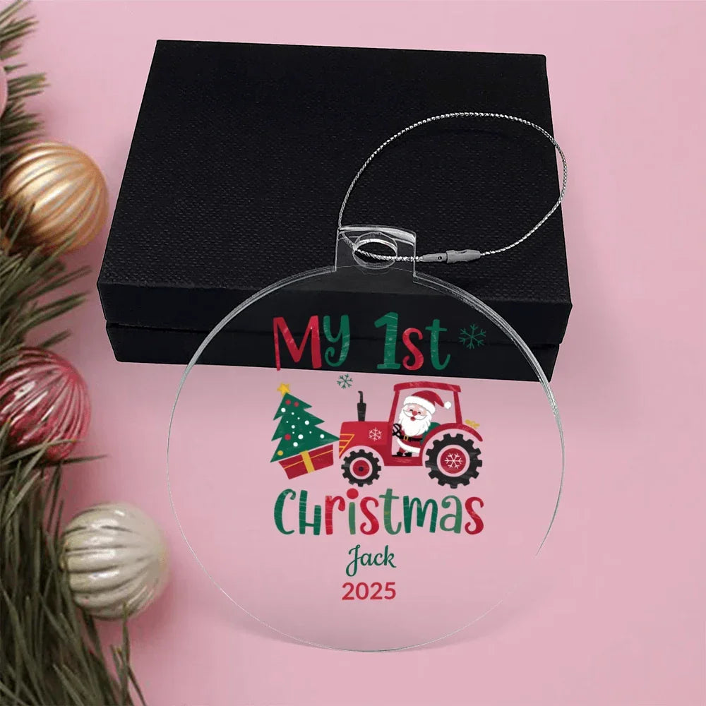 Personalized My 1st Christmas Acrylic Ornament with Name and Year – Santa Tractor Baby's First Christmas Keepsake Gift