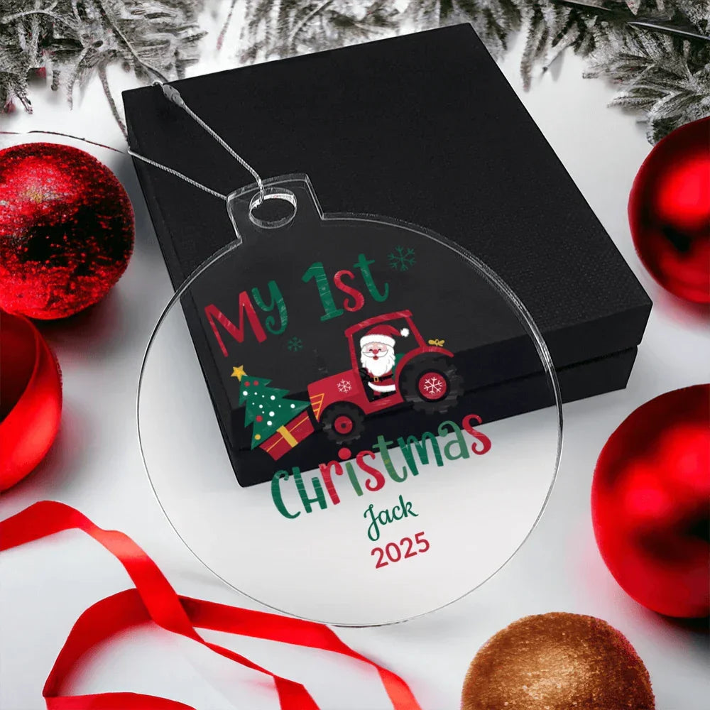 Personalized My 1st Christmas Acrylic Ornament with Name and Year – Santa Tractor Baby's First Christmas Keepsake Gift