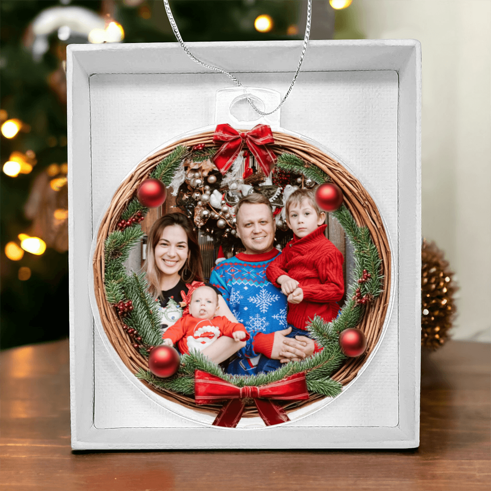 Custom Photo Christmas Ornament with Wreath Frame – Personalized Acrylic Holiday Keepsake with Your Photo