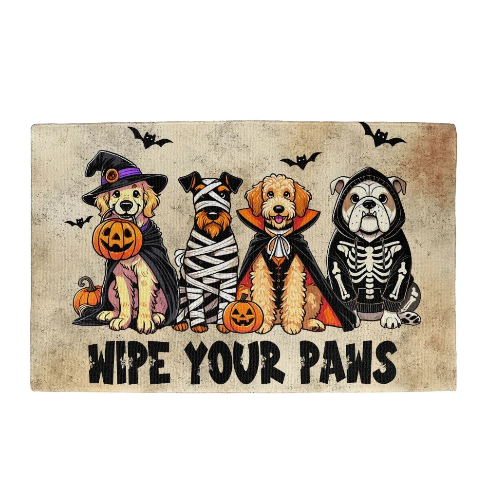 Wipe Your Paws Halloween Doormat – Cute Dogs in Costumes Welcome Mat – Funny Spooky Fall Decor for Dog Lovers