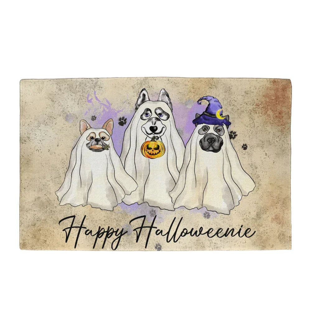 Happy Halloweenie Dog Doormat – Funny Ghost Dogs Welcome Mat – Cute Spooky Fall Décor for Dog Lovers