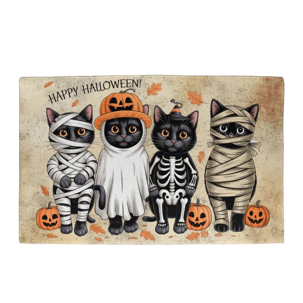 Happy Halloween Cat Doormat – Cute Black Cats in Costumes Welcome Mat – Funny Spooky Fall Décor for Cat Lovers