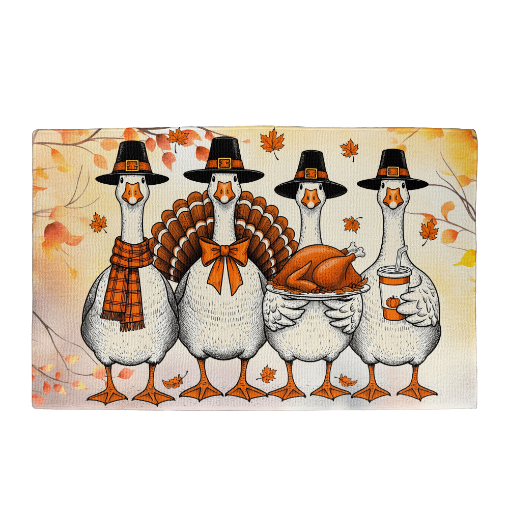 Thanksgiving Goose Family Doormat – Funny Fall Welcome Mat with Pilgrim Geese, Turkey, and Pumpkin Latte – Autumn Front Porch Décor