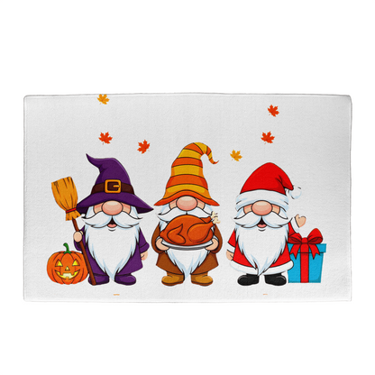 Holiday Gnome Trio Doormat – Halloween, Thanksgiving & Christmas All-in-One Welcome Mat – Cute Seasonal Full-Color Entry Rug