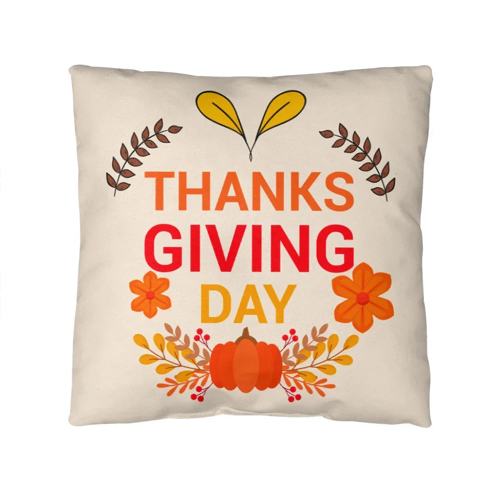 Thanksgiving Day Throw Pillow – Festive Pumpkin & Floral Fall Accent Cushion – Indoor/Outdoor, 3 Sizes