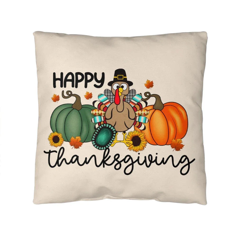 Happy Thanksgiving Turkey Pillow – Fun Fall Pumpkin & Sunflower Cushion – Indoor/Outdoor, 3 Sizes