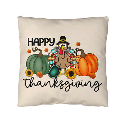 Happy Thanksgiving Turkey Pillow – Fun Fall Pumpkin & Sunflower Cushion – Indoor/Outdoor, 3 Sizes - Mallard Moon
