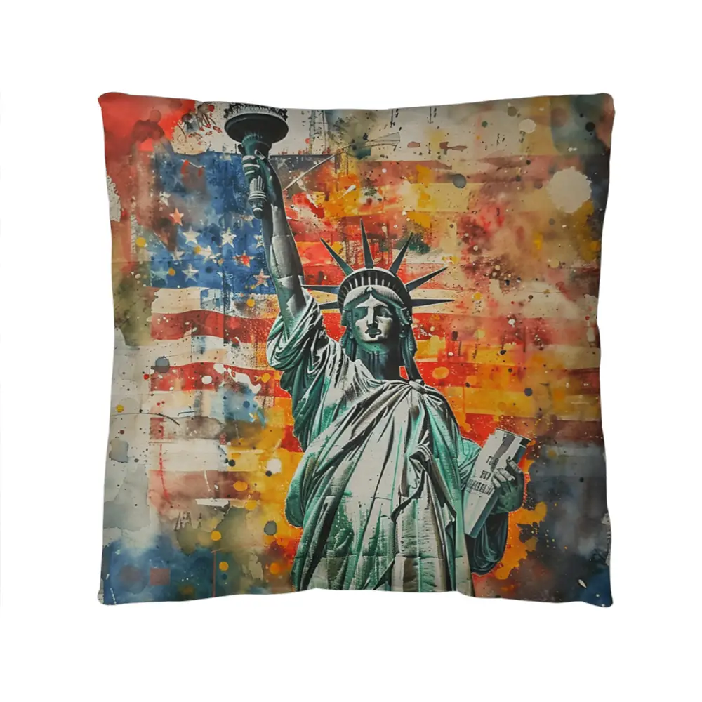 Statue of Liberty American Flag Pillow – Patriotic Indoor Outdoor Throw Pillow – USA Freedom Decor – Red White Blue Cushion – Americana Home Accent
